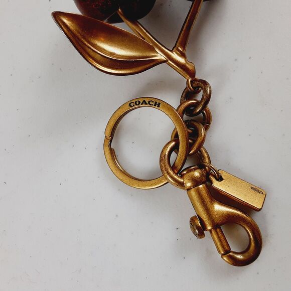 Coach Cherries Keyfob Brushed Antique Brass & Solid Resin Cherries Charm 5" - Picture 9 of 13